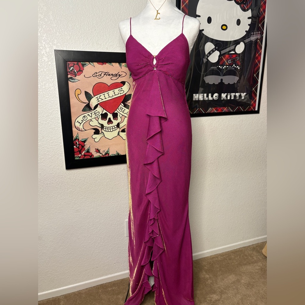 De Laru Fuschia Purple Gold Shift Ruffle Detail Dress Y2K Formal Dressy
